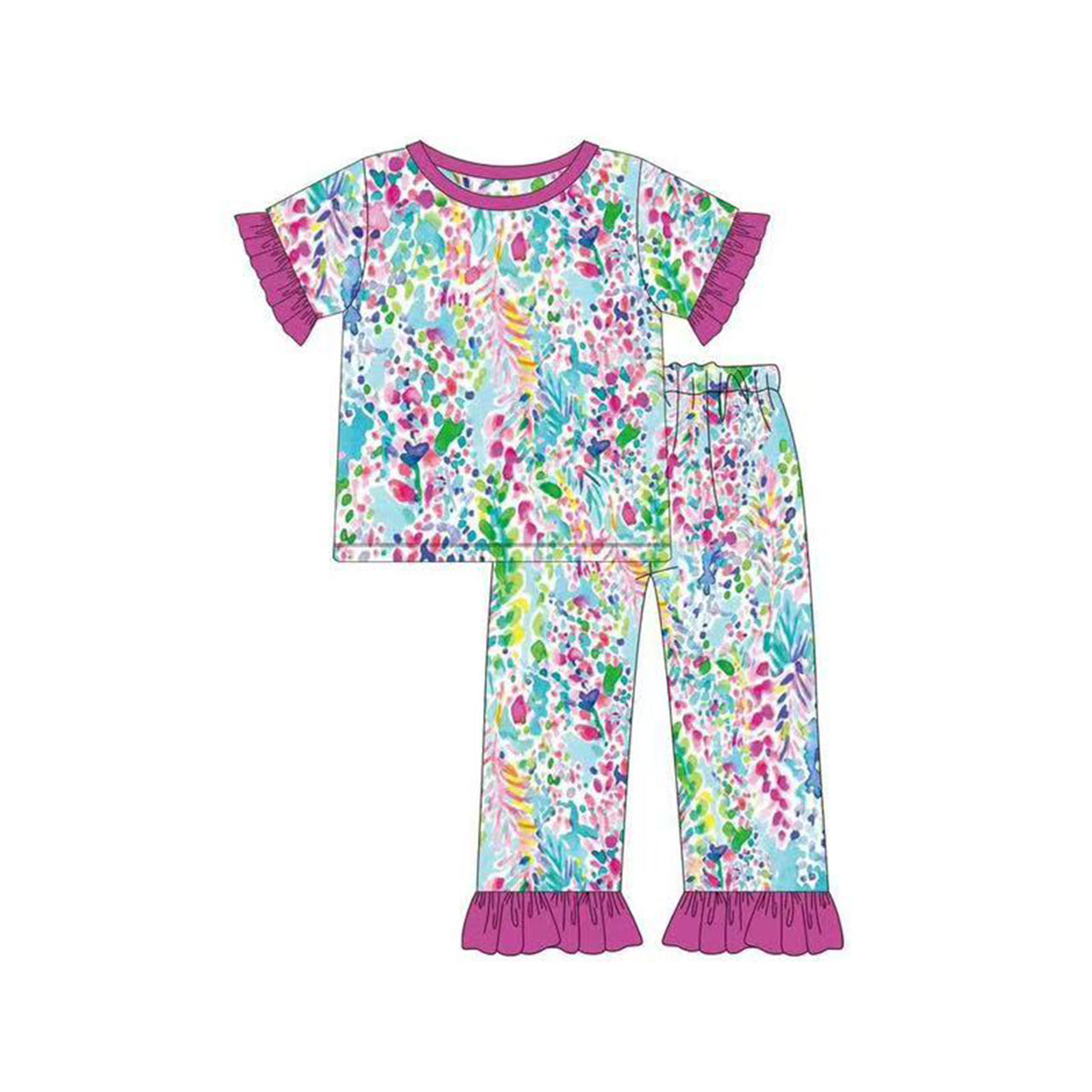 presale GSPO2112 Baby Girls Watercolor Floral Top Ruffle Pants Pajamas Sets D 1008