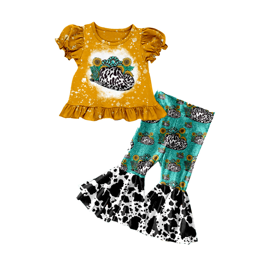 presale GSPO2115 Baby Girls Sunflowers Turquoises Top Bell Bottom Pants Western Clothes Sets D 1010
