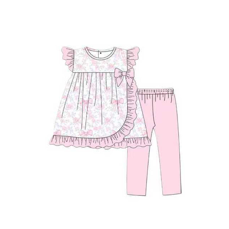 presale GSPO2119 Baby Girls Flutter Sleeve Bows Floral Ruffle Tunic Leggings Clothes Sets D 1014