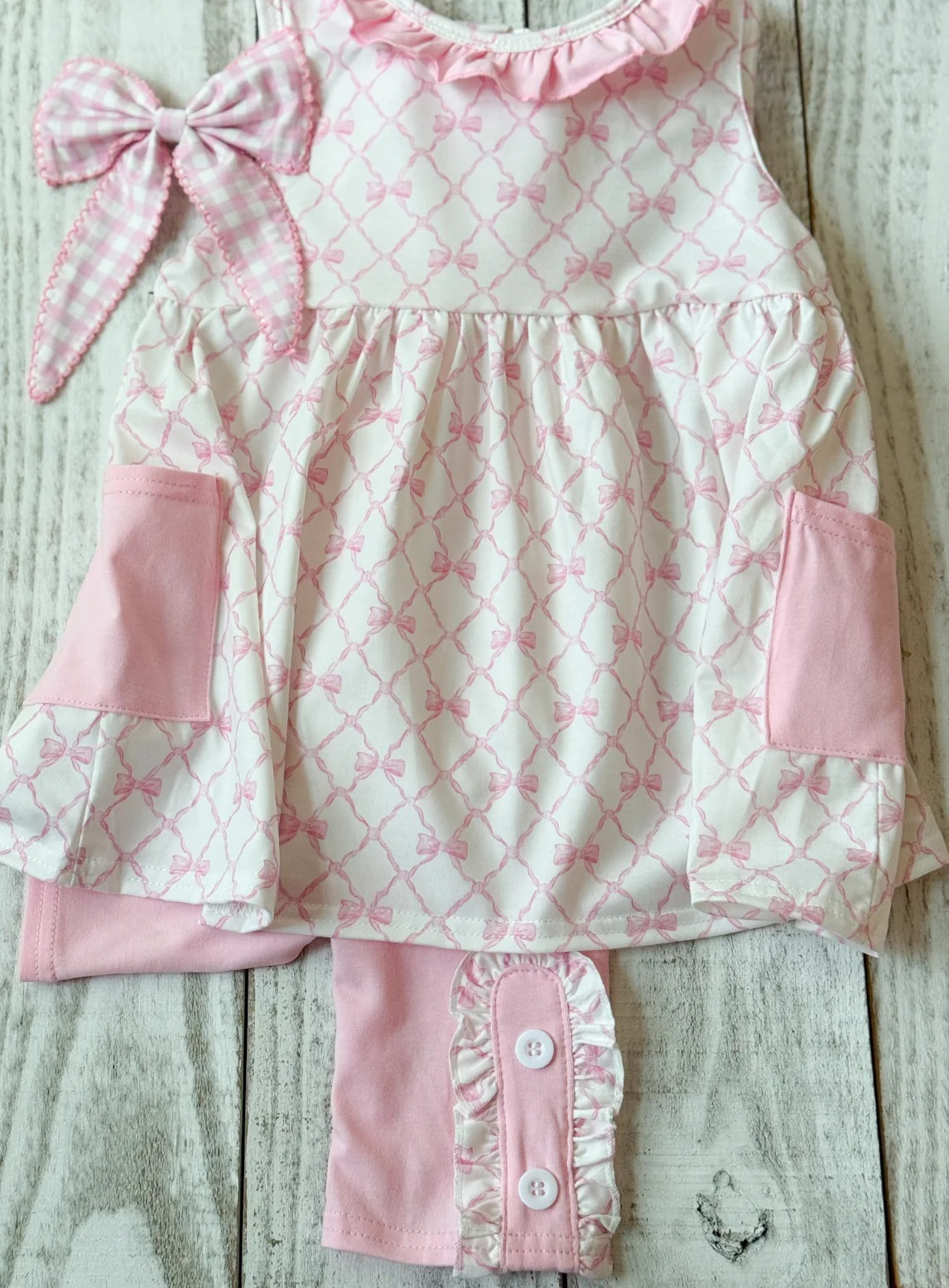 presale GSPO2120 Baby Girls Pink Bows Checked Pockets Tunic Legging Pants Clothes Sets D 1015