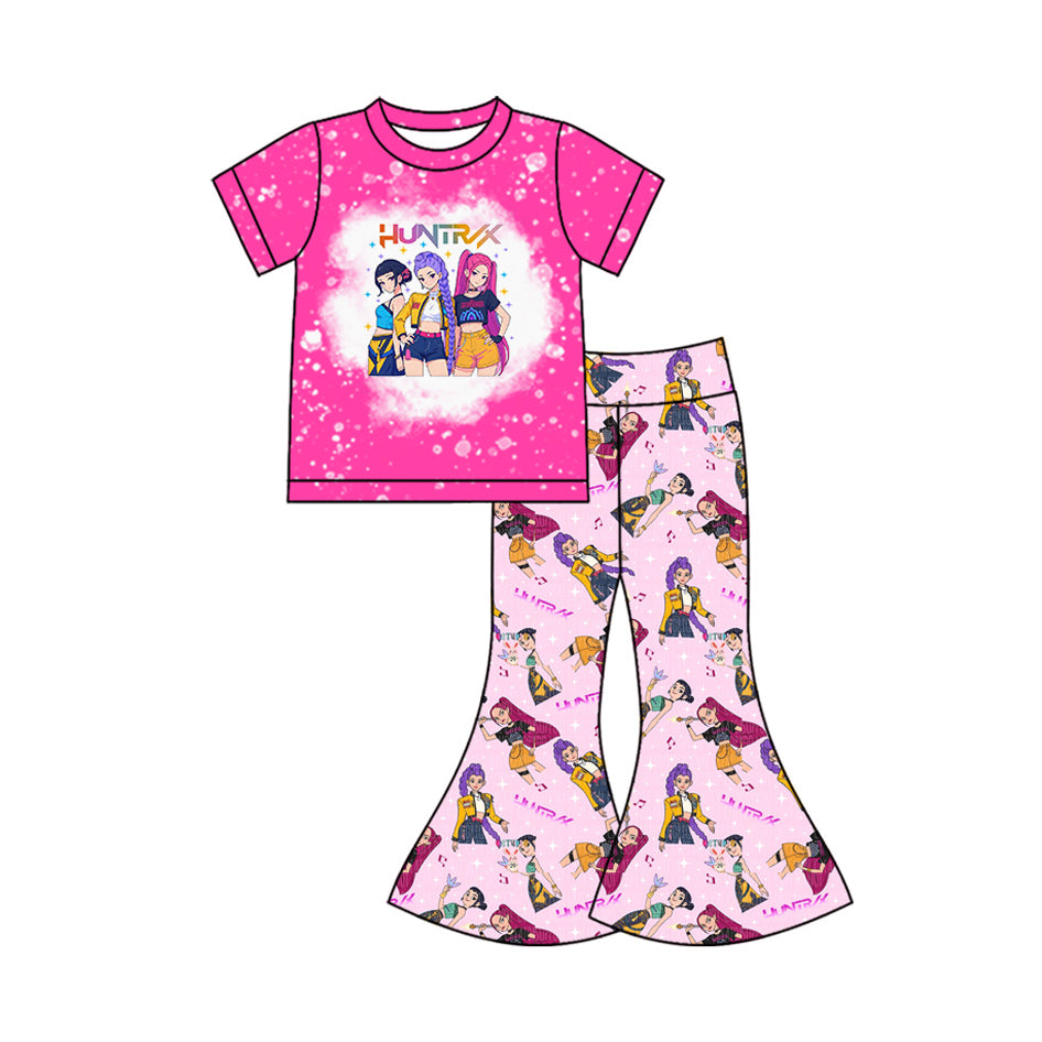 presale GSPO2122 Baby Girls Pink Cartoon Girls Top Bell Bottom Pants Clothes Sets D 1103