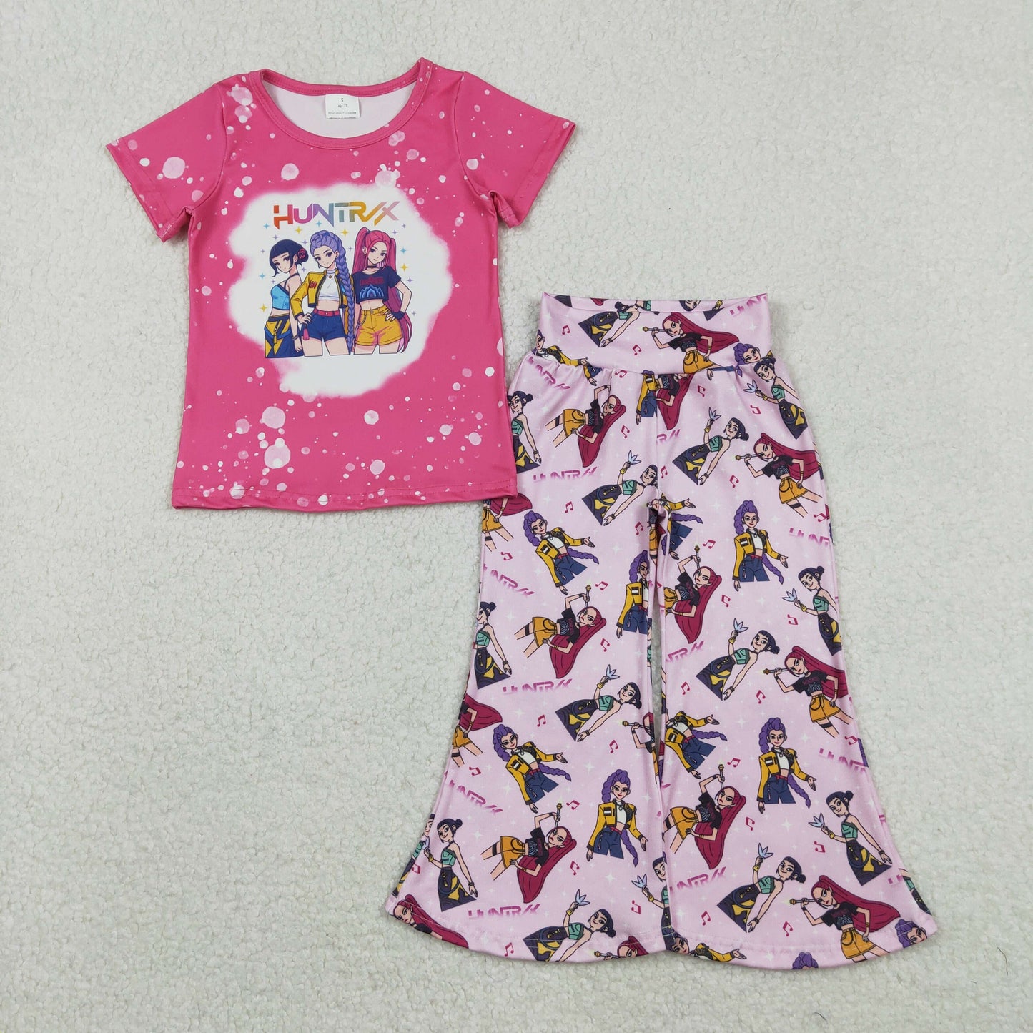 Sibling Pink Demon Hunter Top And Flare Pants Set Ruffle Knee-Length Dress Baby Girls Pajamas Clothes Set