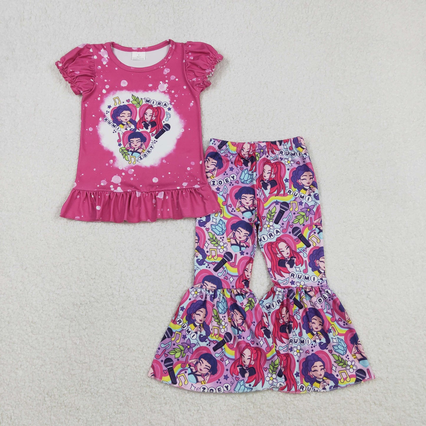 GSPO2128 Baby Girls Hot Pink Demon Hunter Ruffle Top Bell Bottom Pants Clothes Sets D 1208