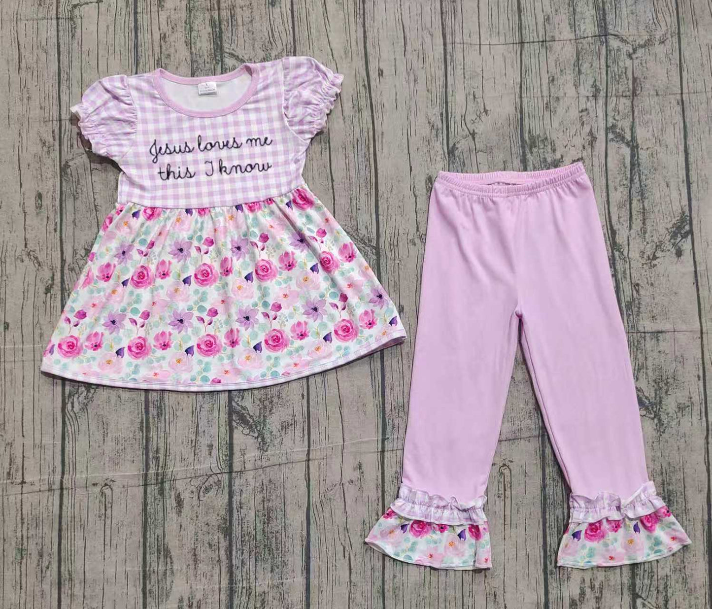 presale GSPO2129 Baby Girls Jesus Love Me Floral Tunic Ruffle Leggings Clothes Sets D 1202