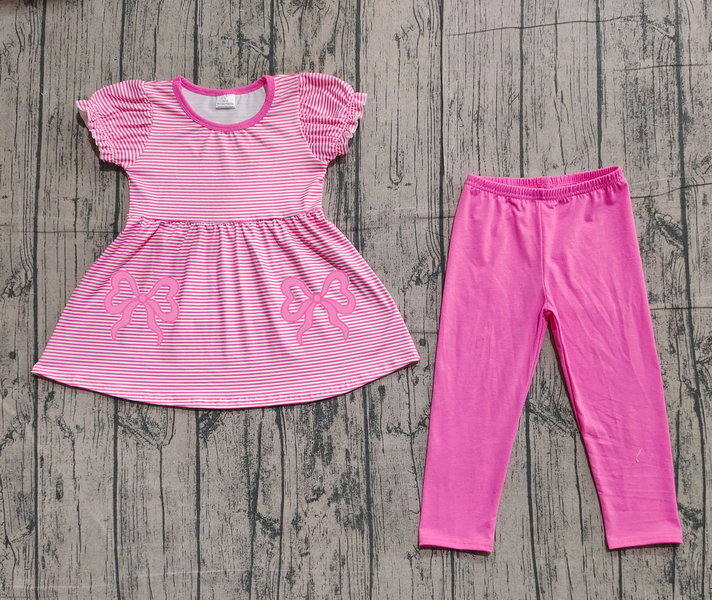 GSPO2150 Embroidery Baby Girls Pink Stripe Bows Tunic Leggings Pant Clothes Sets D 1211