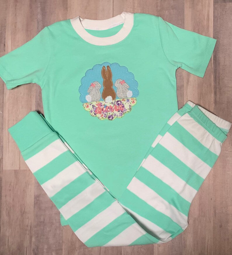 presale GSPO2156 Baby Girls Flowers Rabbits Top Stripe Leggings Easter Clothes Sets D 1107