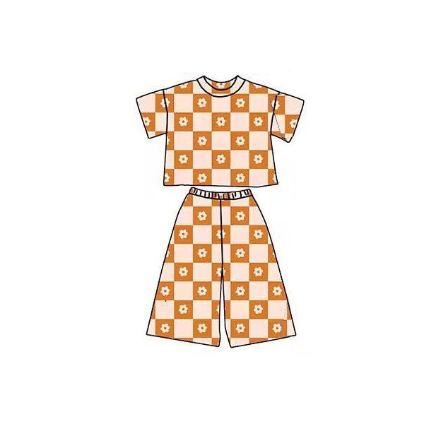 presale GSPO2176 Baby Girls Orange Flowers Checked Top Flare Pants Clothes Sets D 1120