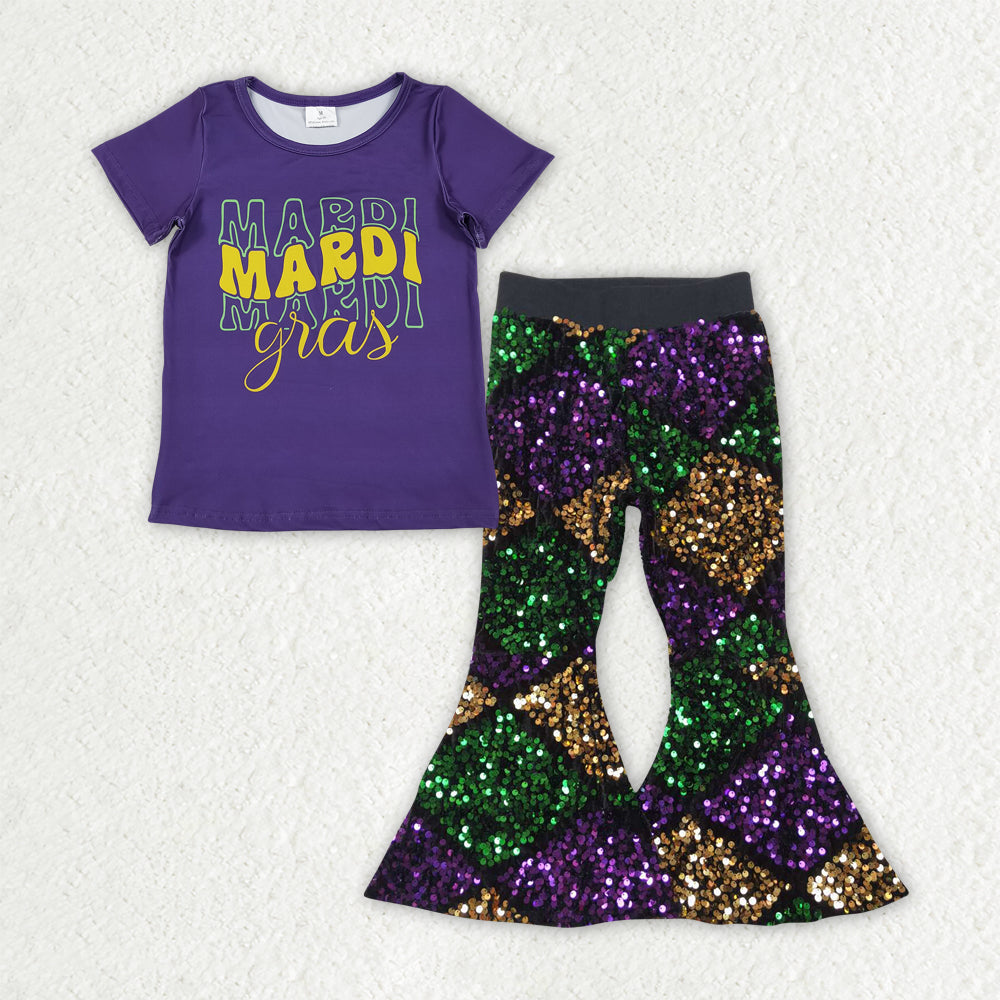 GSPO2182 Baby Girls Purple Shirts Top Sequin Bell Bottom Pants Mardigras Clothes Sets D 1112