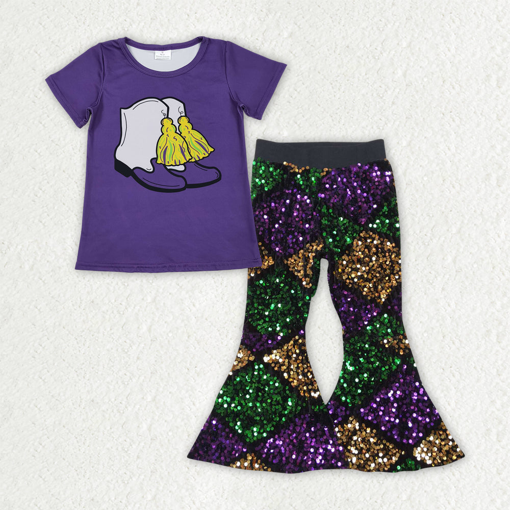 GSPO2184 Baby Girls Purple Boots Tassel Top Sequin Bell Bottom Pants Mardigras Clothes Sets D 1113