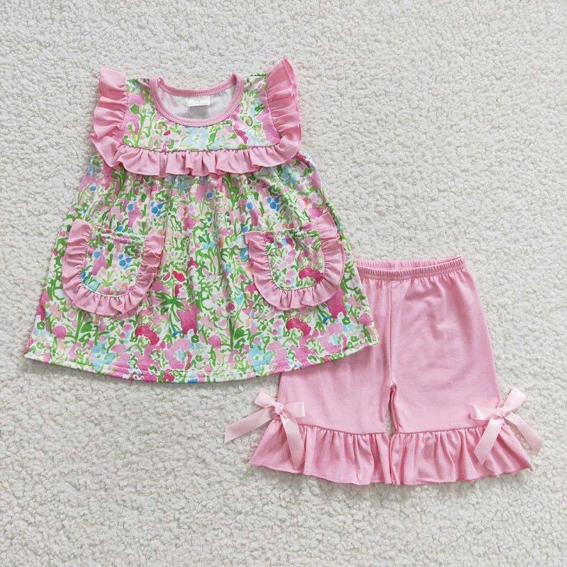 GSSO0338 Floral Pink Lace Pocket Sleeveless Shorts Set D 4.11