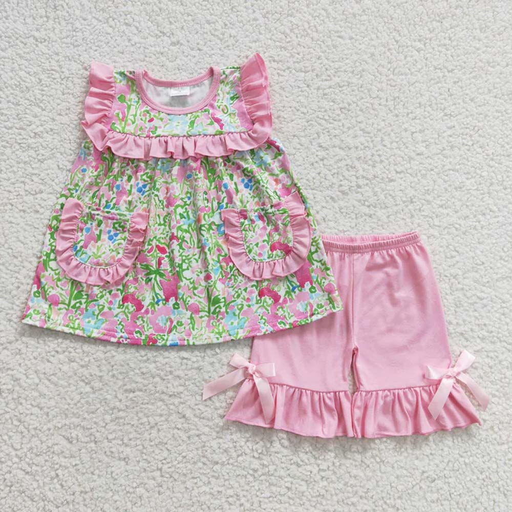 Sibling Baby Girls Sleeveless Watercolor Floral Tunic Ruffle Shorts Set D 6.28