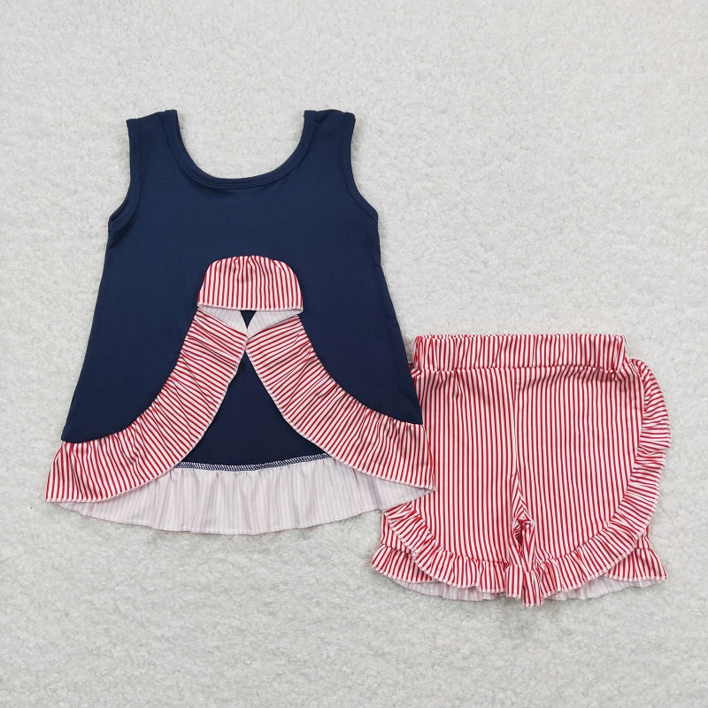 GSSO0405 Embroidered baseball navy blue sleeveless red and white striped shorts set D 4.12