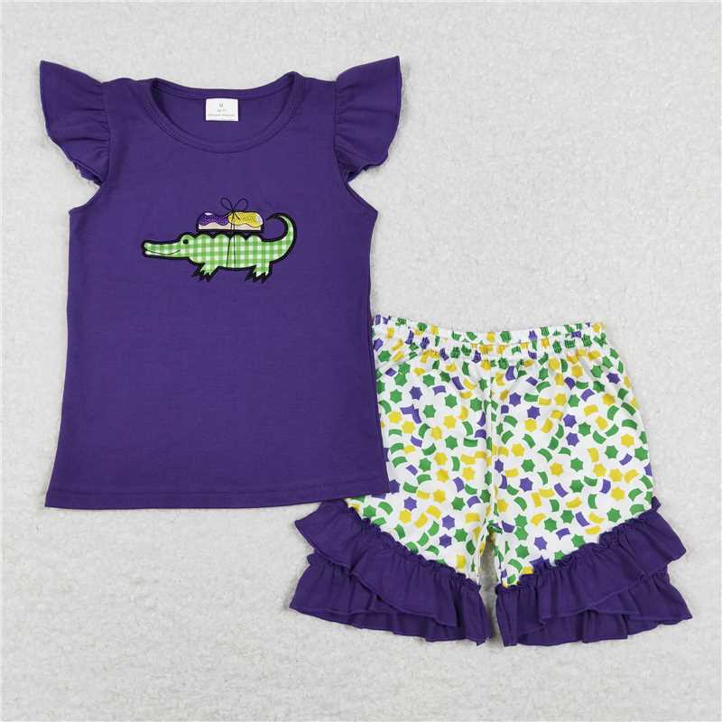 Match Baby Boys Girls Embroidery Mardi Gras Crocodile Shirt Shorts Outfits Clothing Sets D 3.13