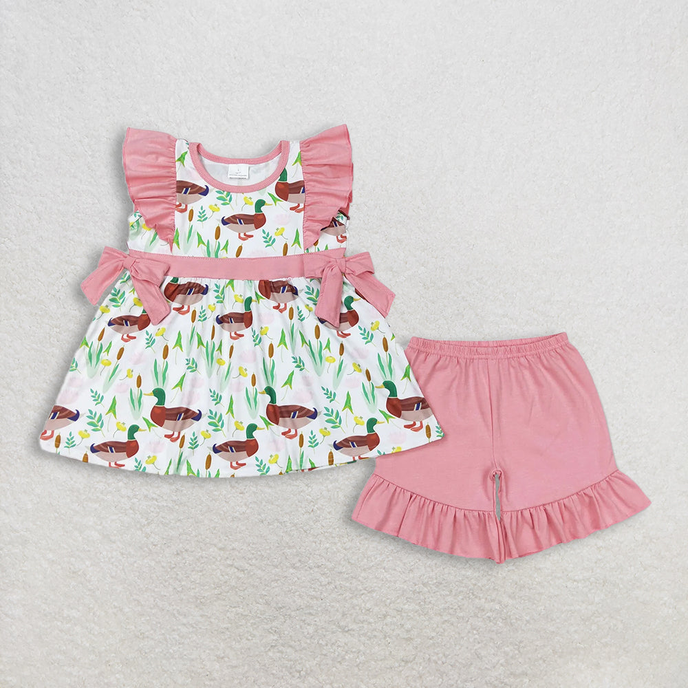 Sibling Baby Girls Duck Floral Top with Pink Bows Ruffle Pants Pajamas Set Children's Hunting Theme Clothing Set with Tunic Tops And Ruffle Shorts
