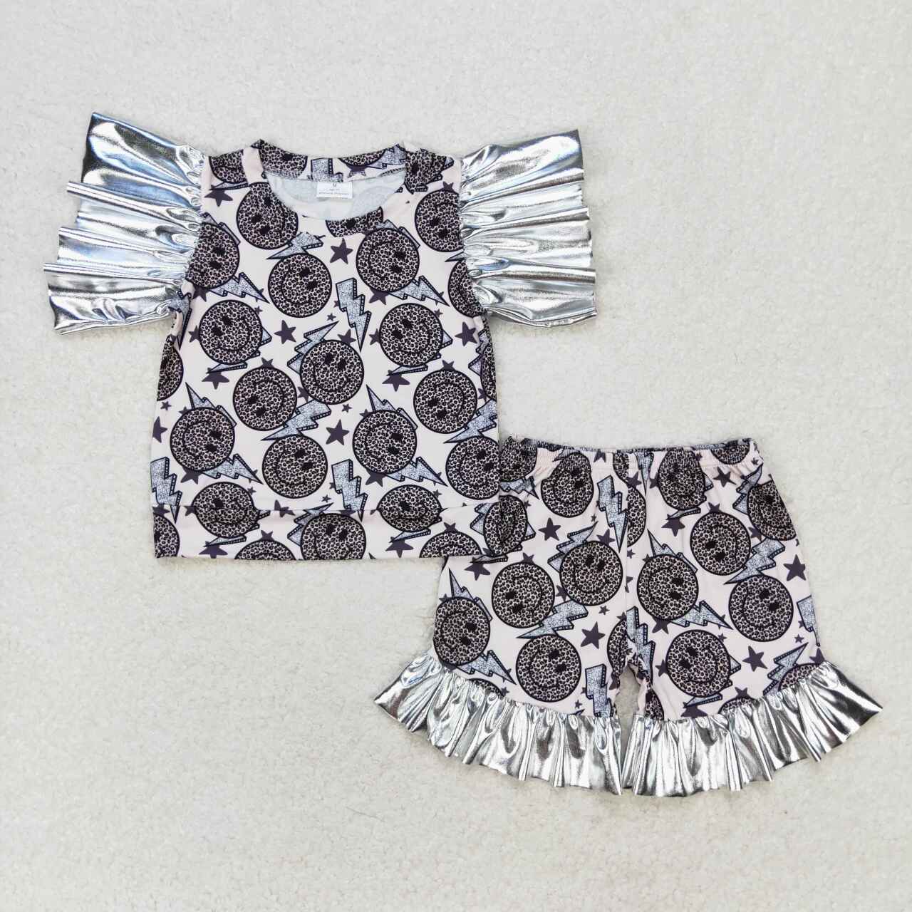 GSSO0521 Leopard print smiley face star lightning silver lace short-sleeved shorts suit