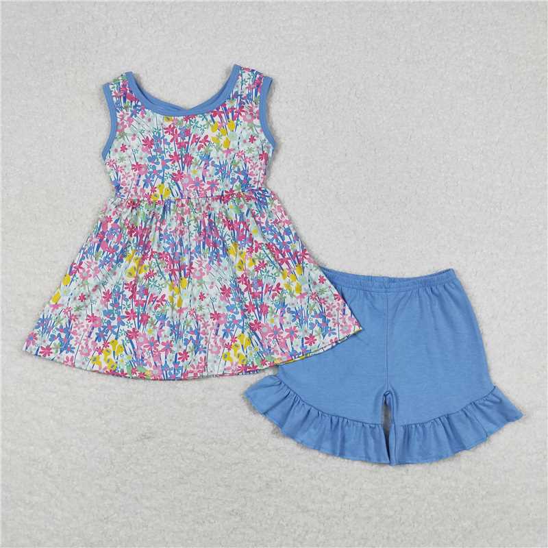 GSSO0547 Floral Blue Bow Sleeveless Shorts Set