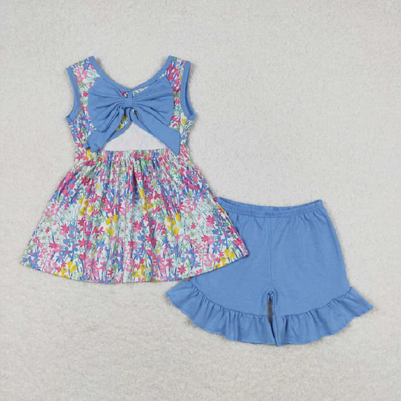 GSSO0547 Floral Blue Bow Sleeveless Shorts Set