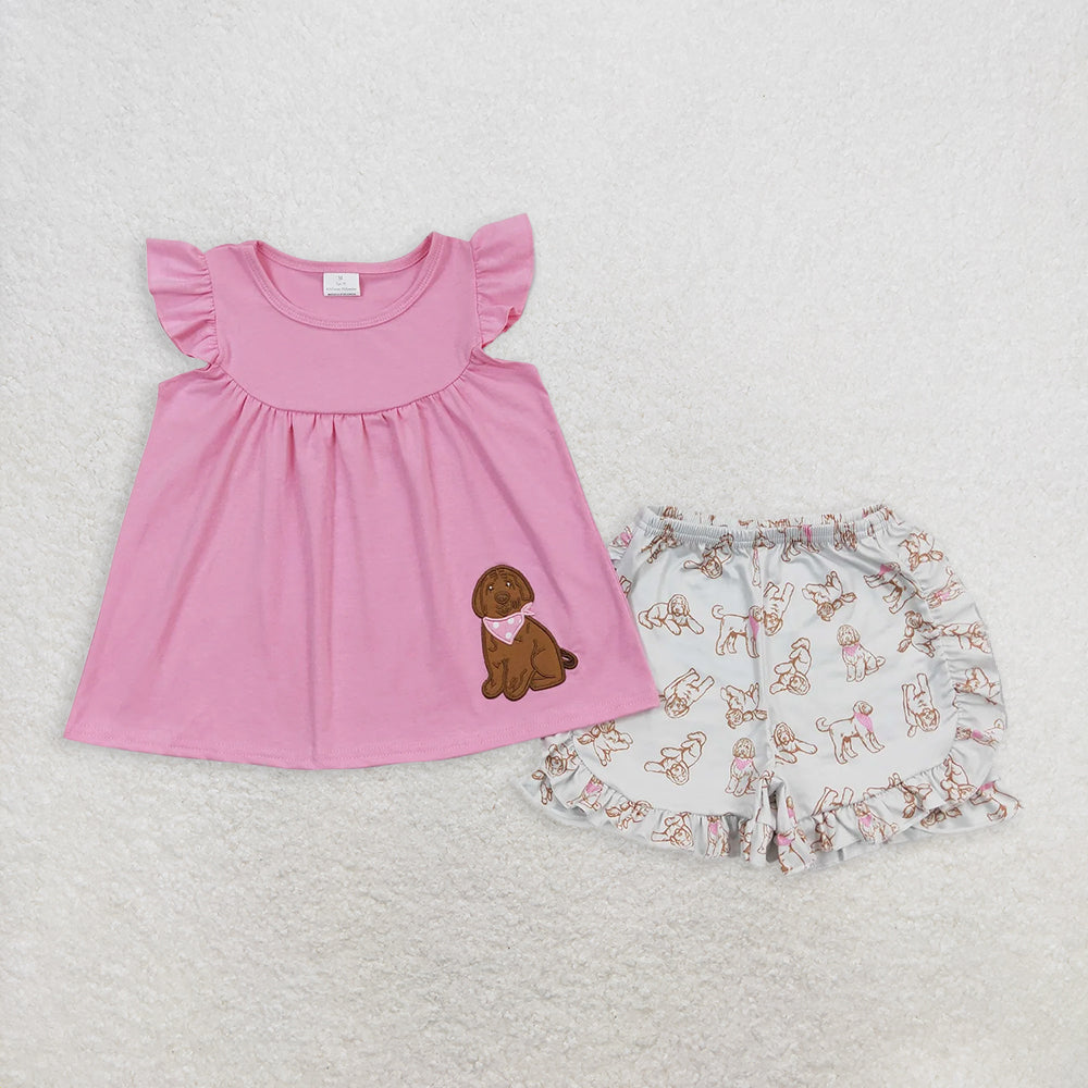 GSSO0581 Baby Girls Pink Dog Tunic Top Ruffle Shorts Clothes Sets D 6.7