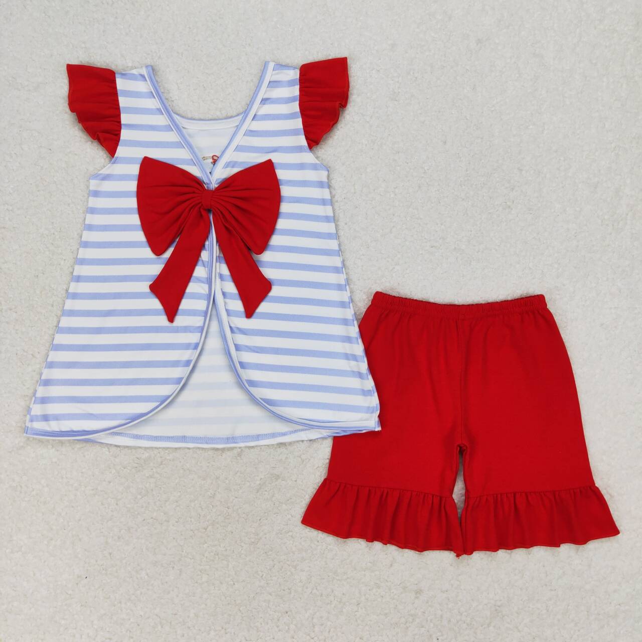 GSSO0663 Embroidered puppy flag striped red bow flying sleeve shorts suit