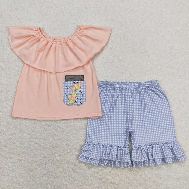 GSSO0682 Embroidery Little Bee Pink Orange Lace Top Blue Plaid Shorts Suit D 6.17