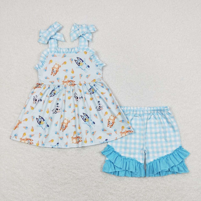 GSSO0683 Ice cream blue plaid lace bow suspender shorts suit