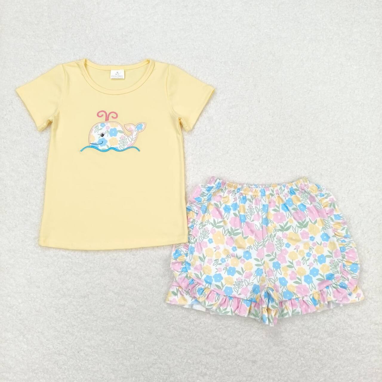 GSSO0765 Embroidered Flower Whale Yellow Short Sleeve Shorts Set D 6.10
