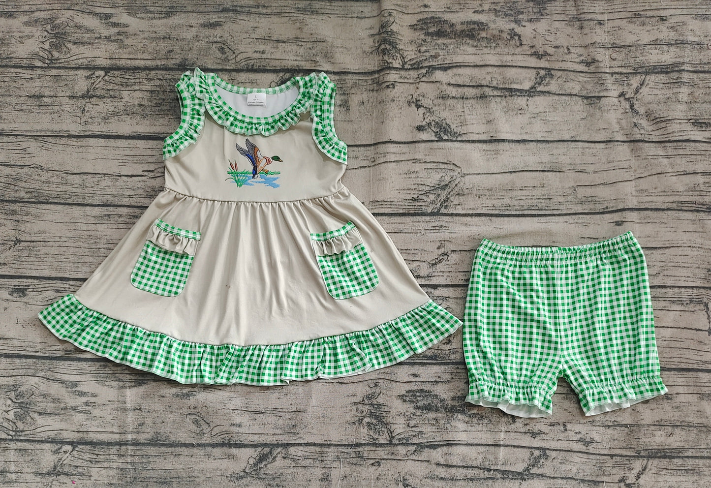 GSSO0848 Baby Girls Duck Green Checkered Tunic Top Shorts Clothes Sets D 4.9