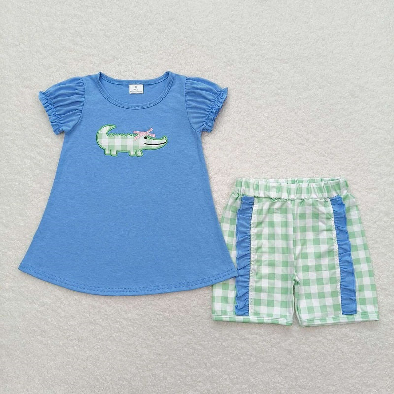 GSSO0850 Embroidered bow crocodile blue short-sleeved green plaid shorts suit D 6.10
