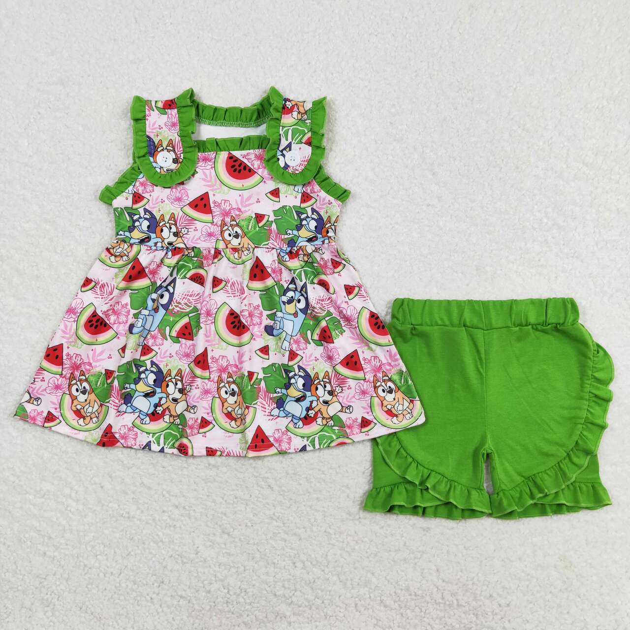 GSSO0859 Cartoon Watermelon Green Lace Sleeveless Shorts Set