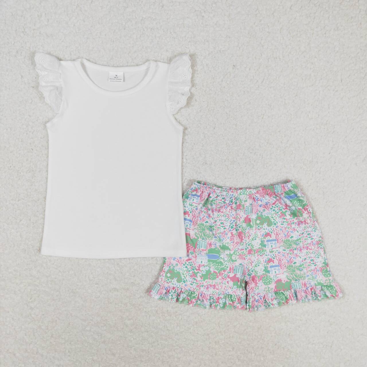 GSSO0888 Solid white flying sleeves floral green shorts suit