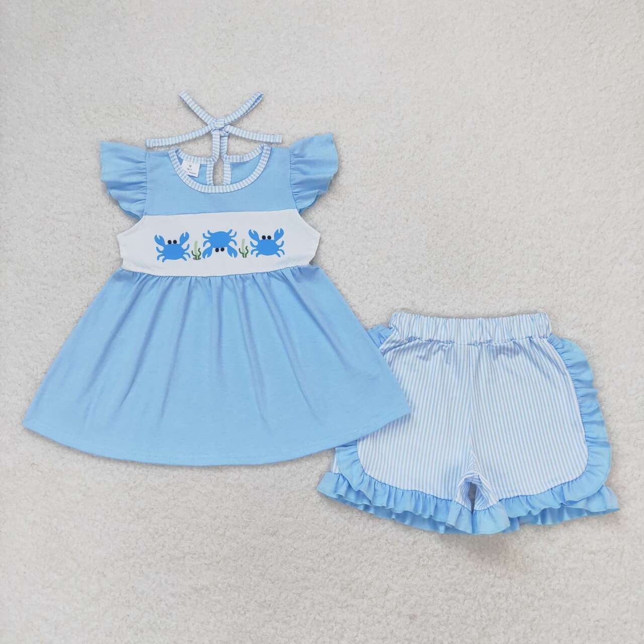 GSSO0927 Crab Blue Flying Sleeve Striped Shorts Set