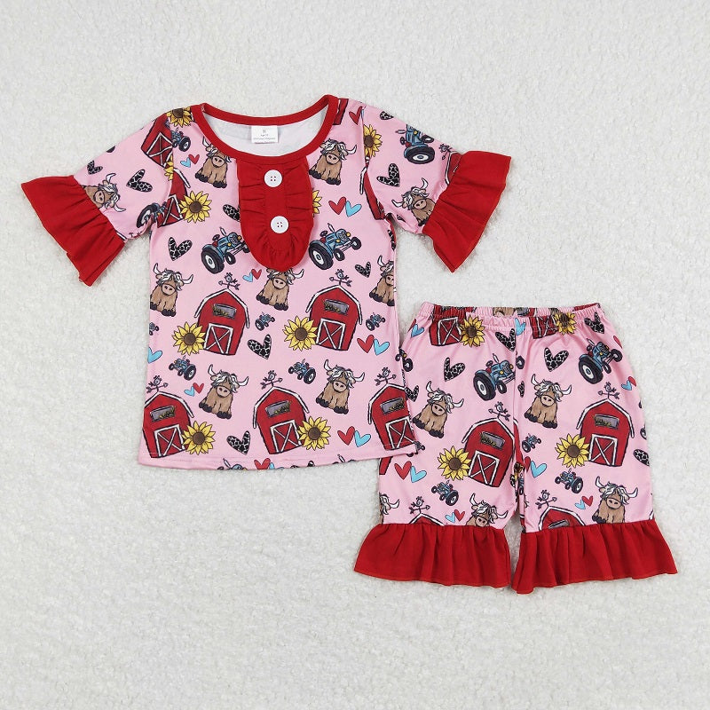 GSSO0932 Love Red House Cow Red Lace Pink Short Sleeve Shorts Pajama Set D 4.12