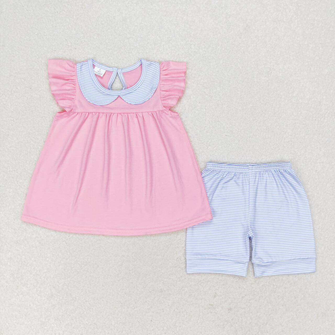 GSSO1064 Blue striped baby doll collar and pink flying sleeve shorts suit