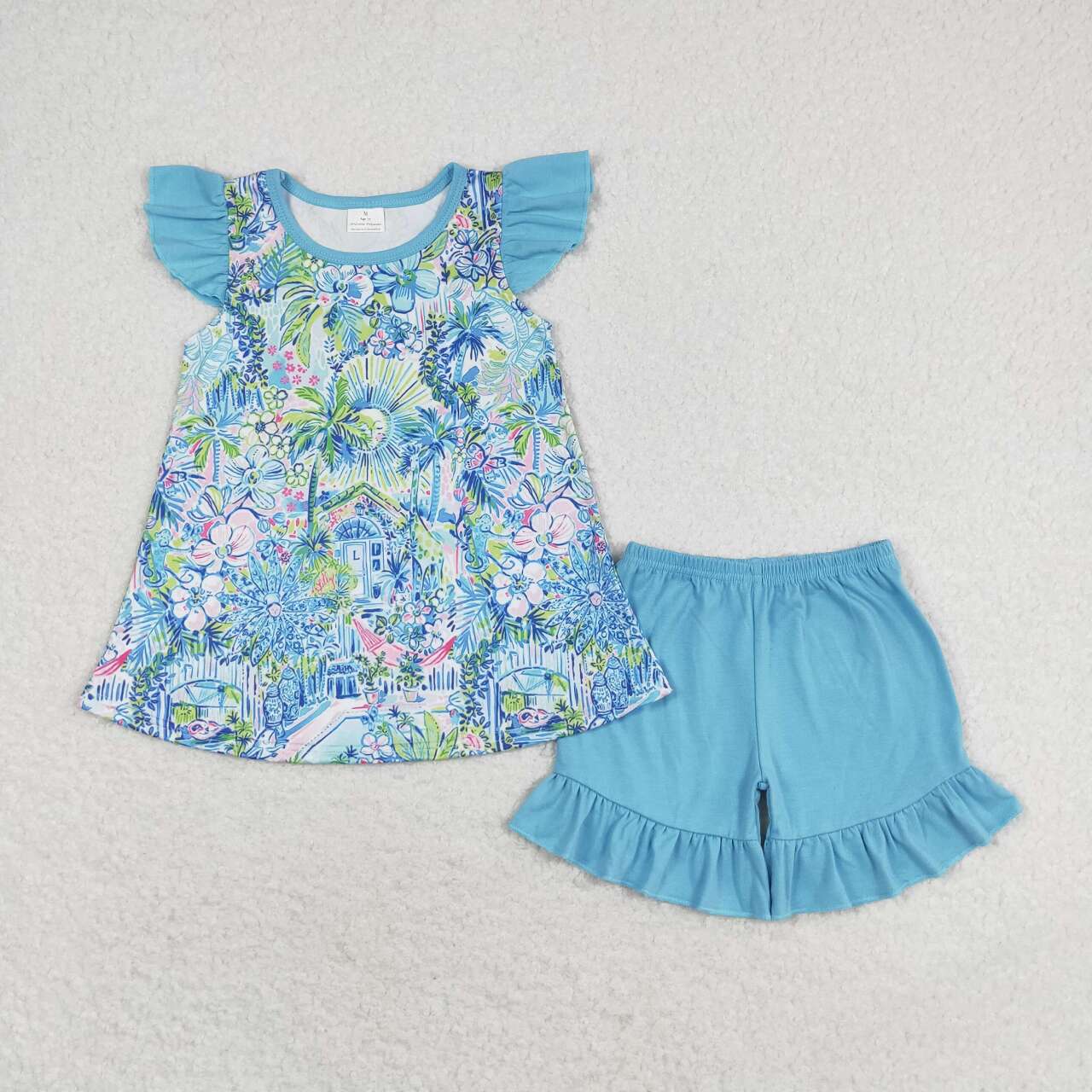 GSSO1084 Floral pattern blue flying sleeve shorts suit