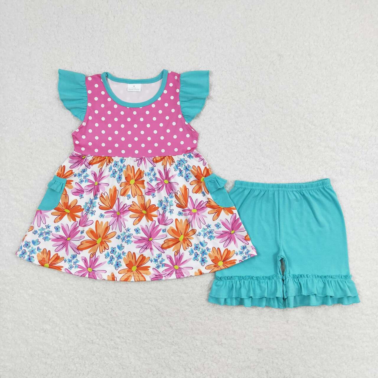 GSSO1100 Orange Flower Dot Teal Pocket Rose Red Fly Sleeve Shorts Set