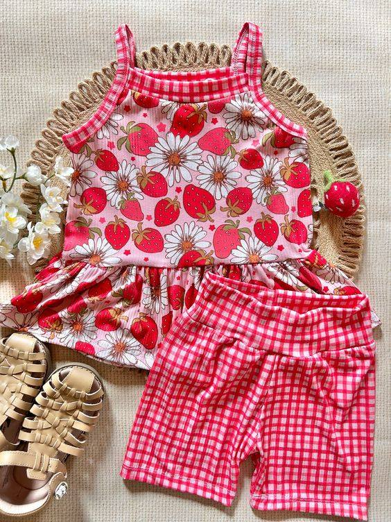 presale GSSO1105 Floral Strawberry Sleeveless Plaid Shorts Set
