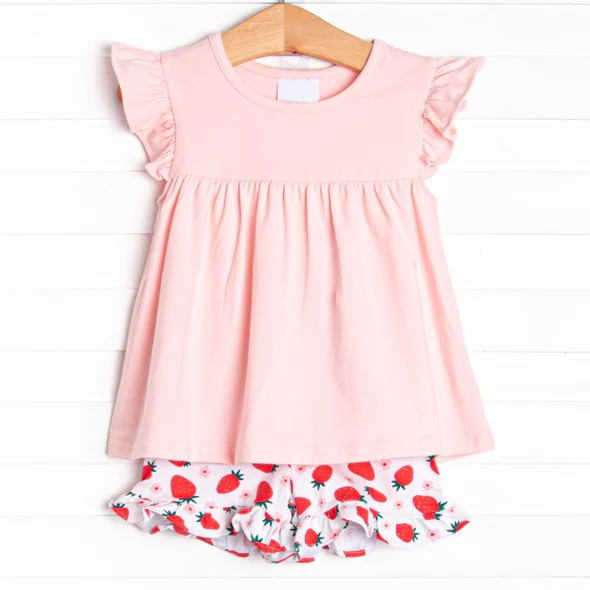 presale GSSO1106 Solid pink flying sleeve strawberry shorts suit