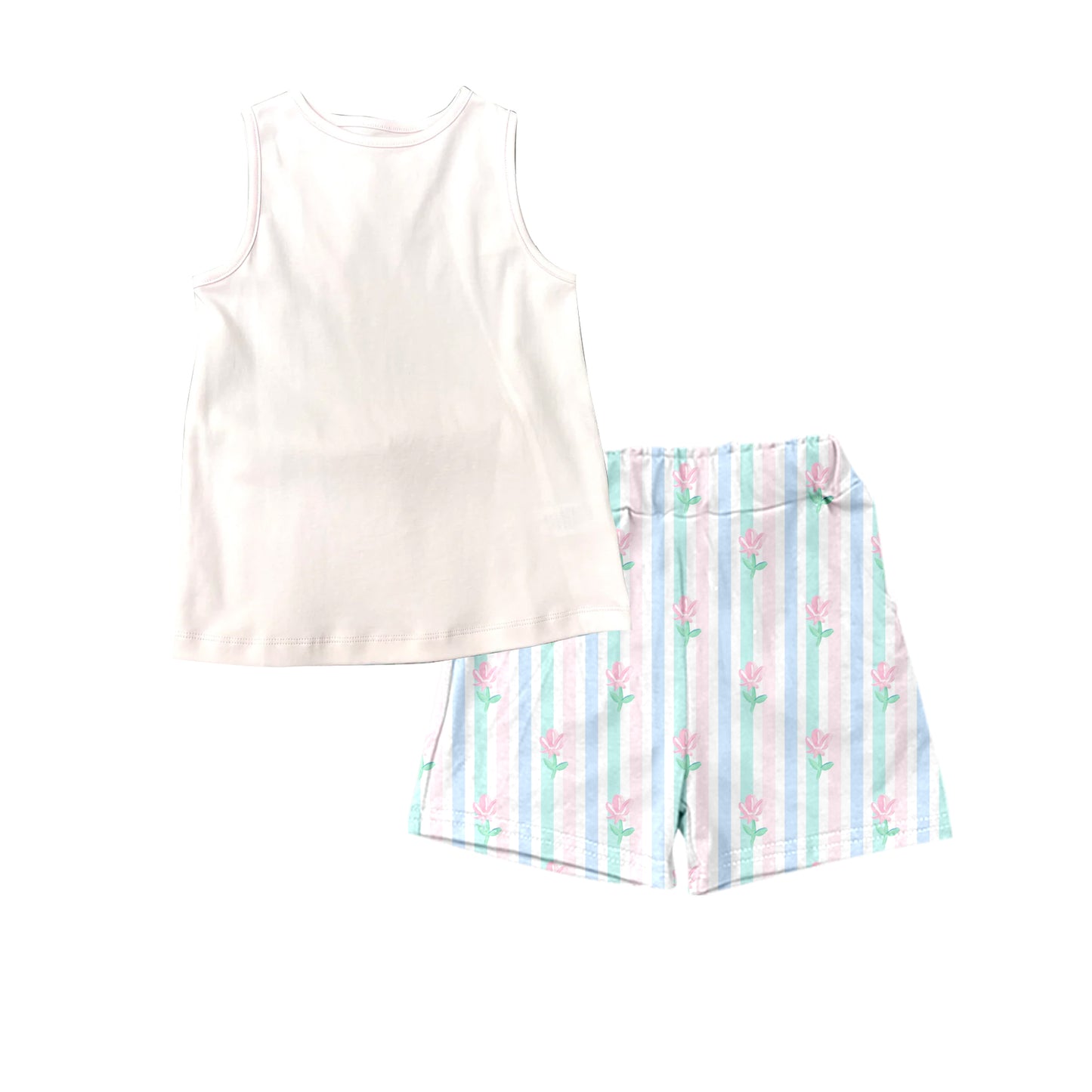 presale GSSO1111 Solid pink sleeveless floral colorful striped shorts set