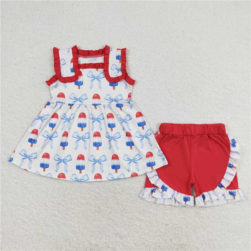 Match Popsicle Bows Print Top Ruffle Shorts Girls 4th of July Clothes Set Romper D 3.29