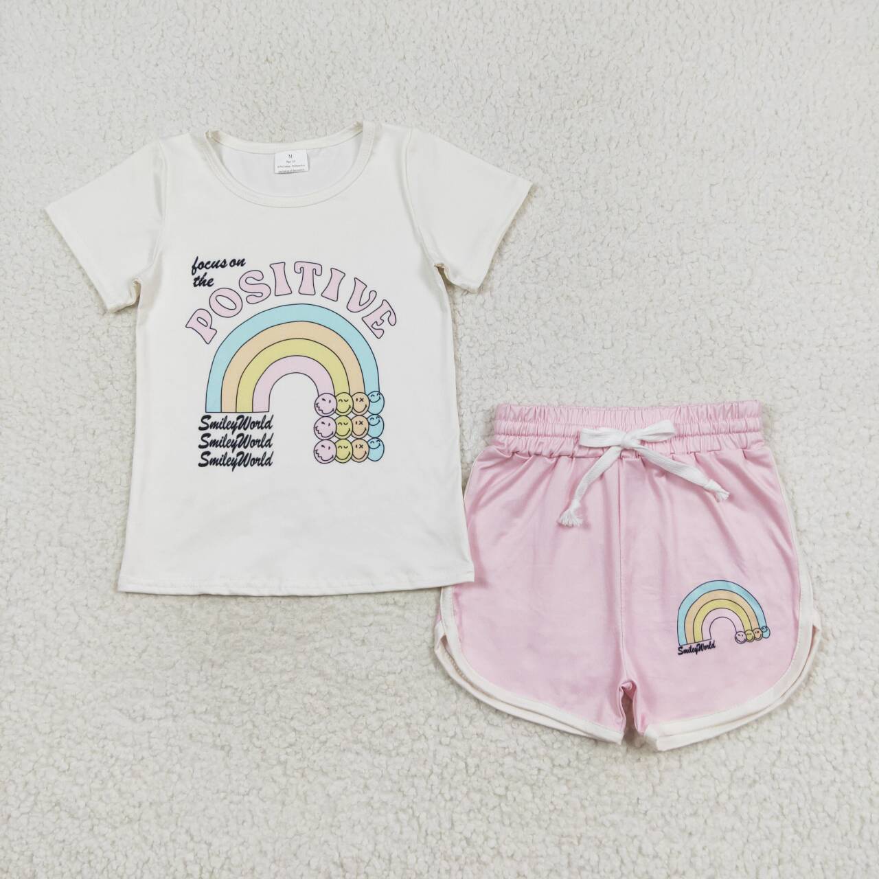 GSSO1175 Letter Rainbow Short Sleeve Pink Shorts Set