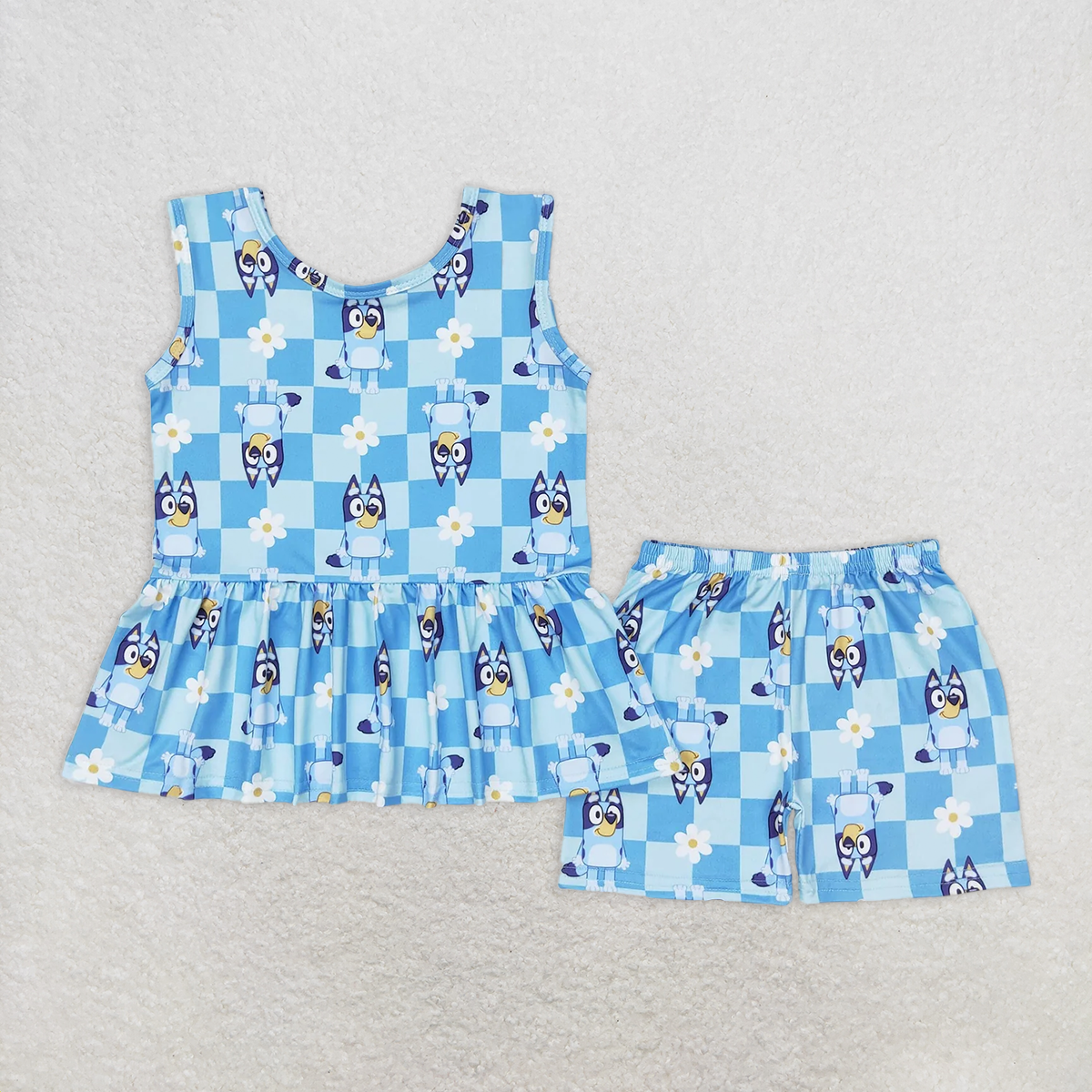 GSSO1248 Floral blue plaid sleeveless shorts suit D 4.12