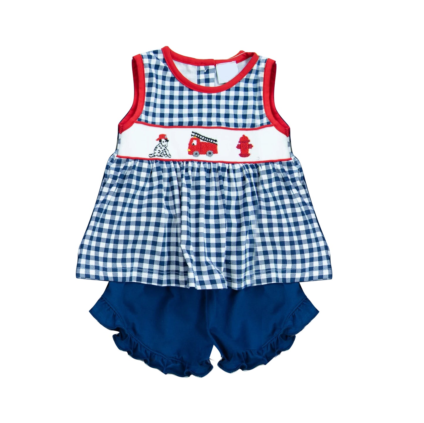 presale GSSO1262 Puppy fire truck navy blue plaid sleeveless shorts suit