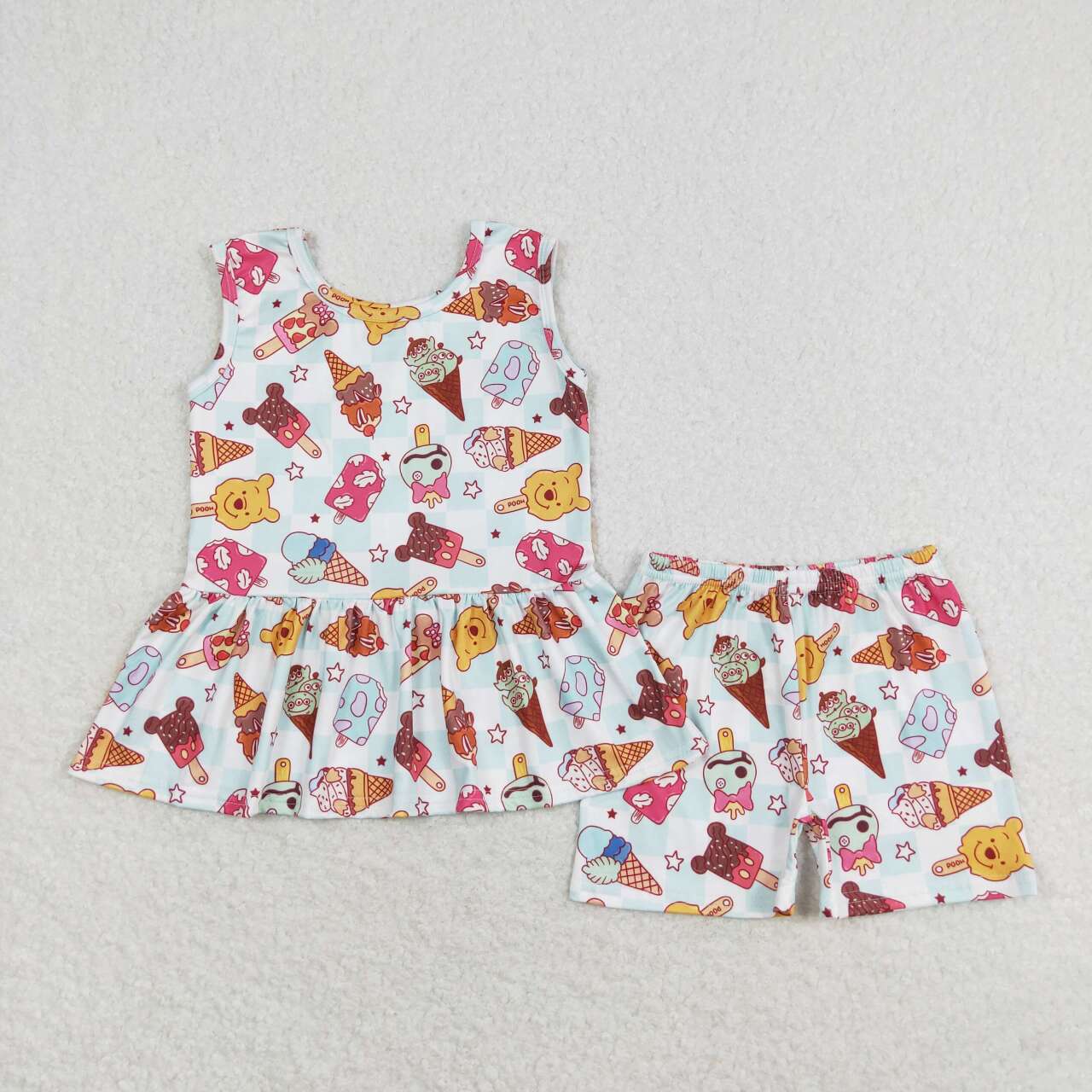 GSSO1278 Ice cream cartoon plaid sleeveless shorts suit