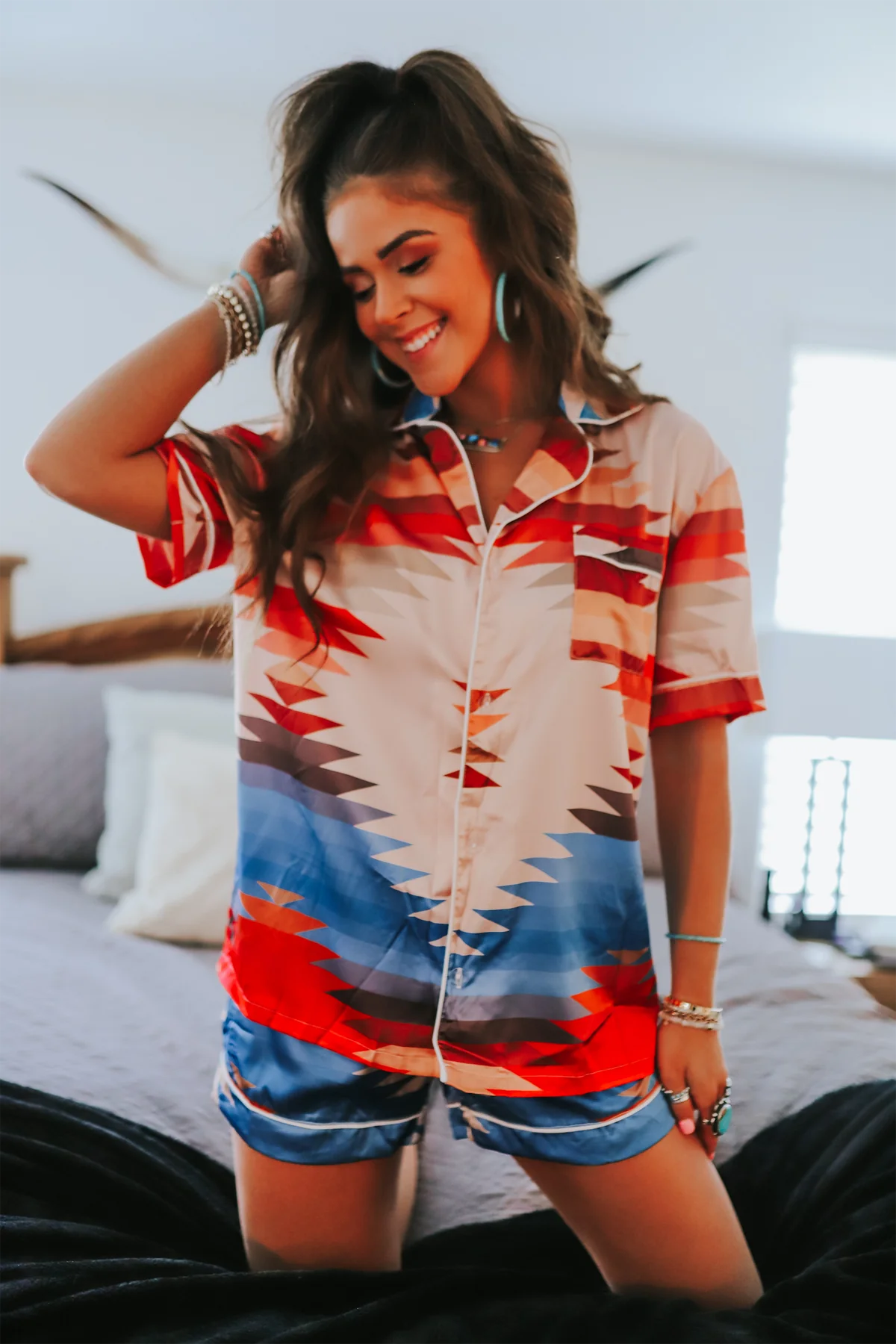 presale GSSO1284 Adult women's geometric beige short-sleeved shorts pajama set