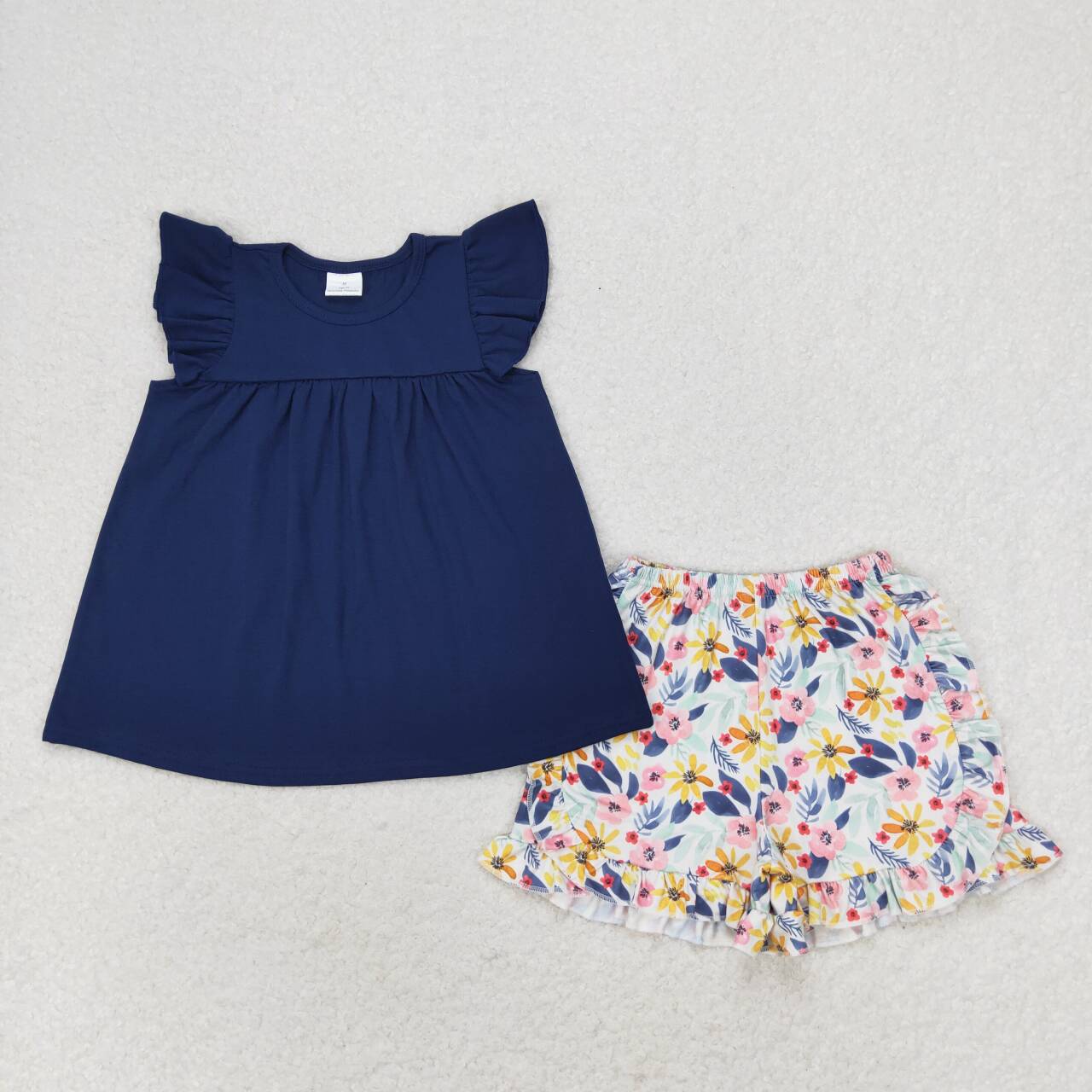 GSSO1296 Solid dark blue flying sleeves floral shorts suit