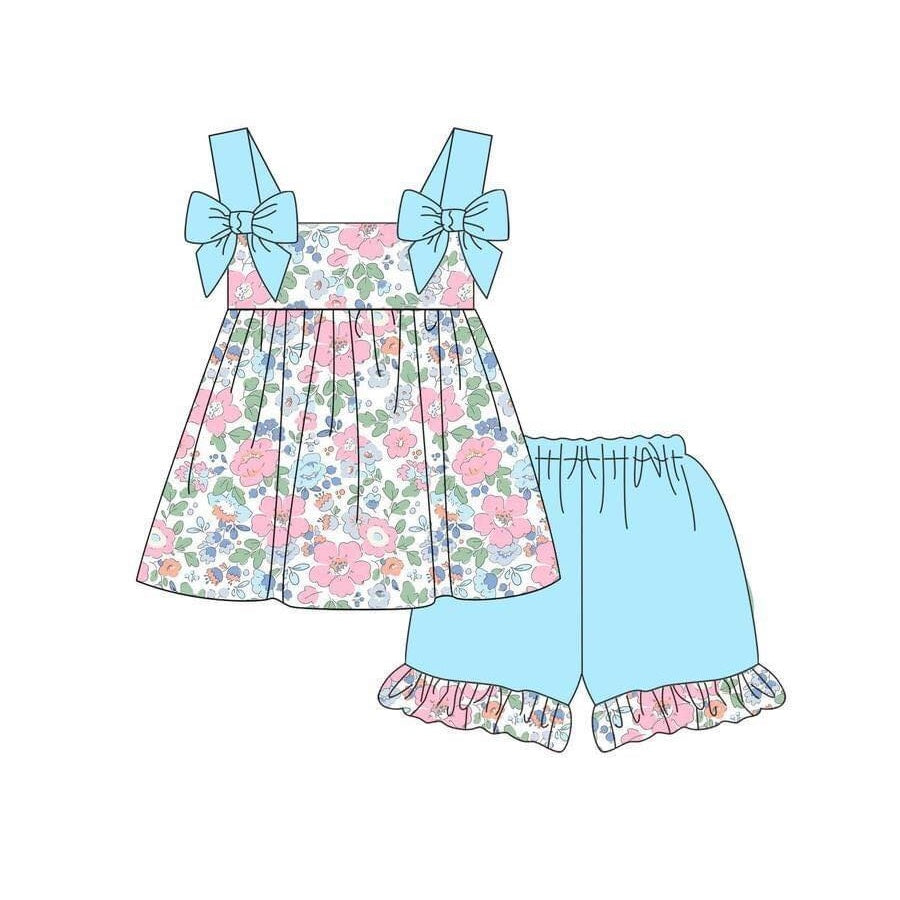 presale GSSO1300 Pink flowers and leaves blue lace bow sleeveless shorts suit