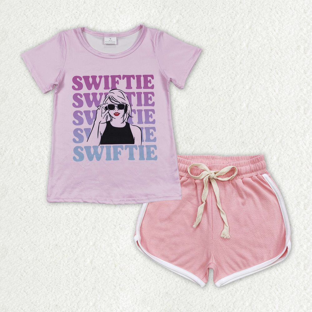 GSSO1311 Alphabet Pink Purple Short Sleeve Shorts Set