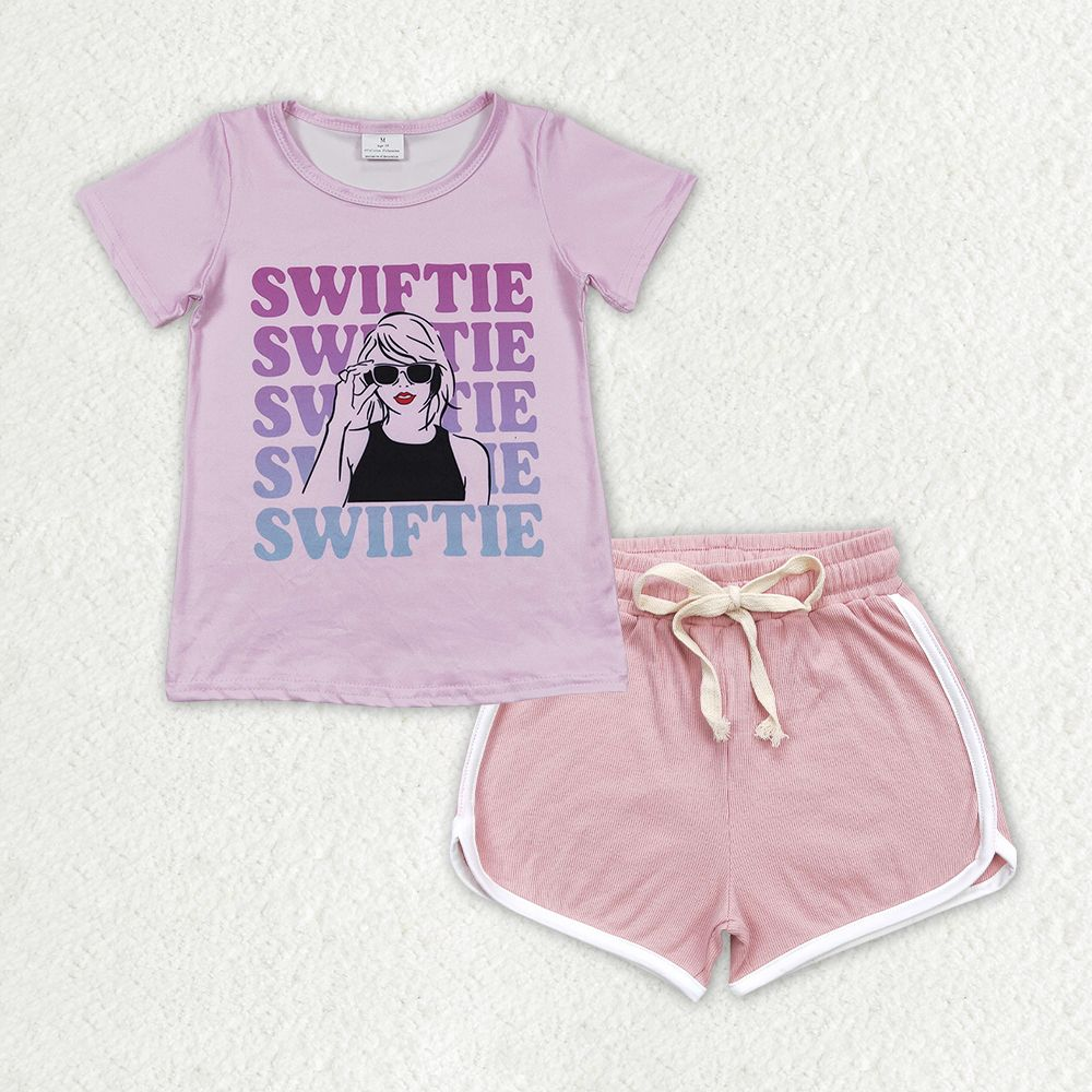 GSSO1314 Alphabet Pink Short Sleeve Light Pink Shorts Set