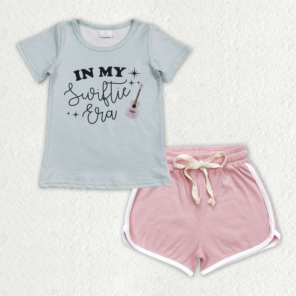 GSSO1323 Alphabet Teal Short Sleeve Light Pink Shorts Set