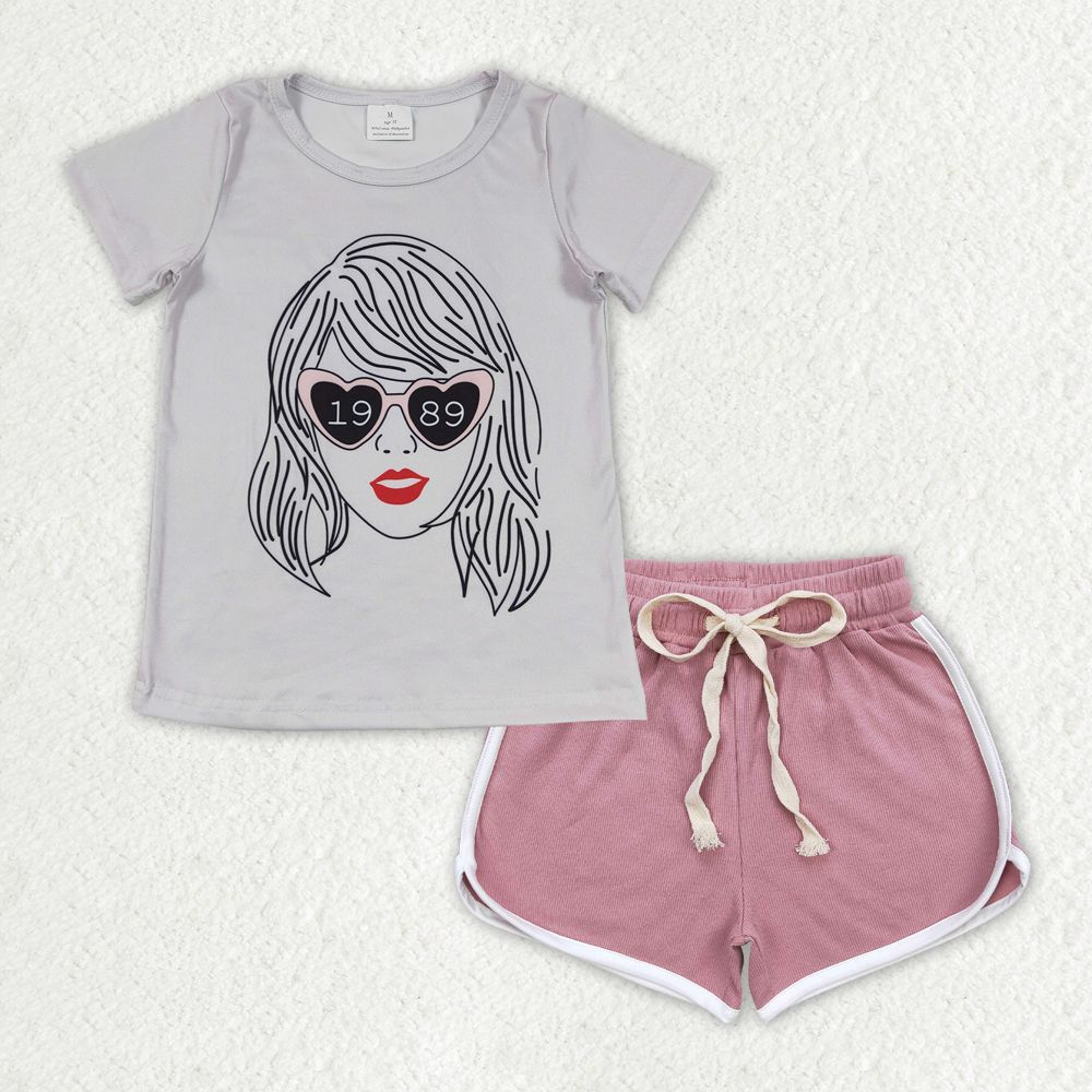 GSSO1328 Gray short-sleeved dark pink shorts suit